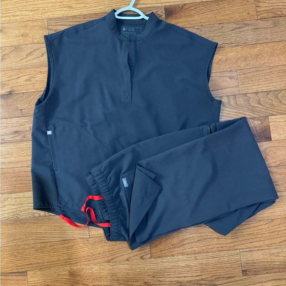Figs Charcoal Sleeveless Top and Pants with Red Detail